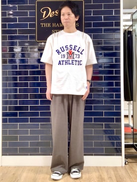「Dessin（デッサン）のガチャピン・ムック コラボTシャツ（Tシャツ/カットソー、ホワイト系）」を使った、takaさん（メンズ・168cm）の夏コーディネート