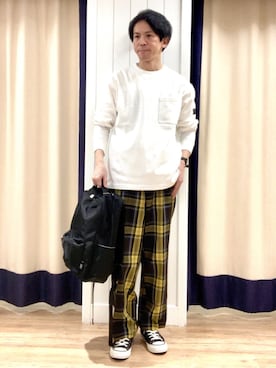 「Dessin（デッサン）の【洗える】ヘビー天竺ロンT（Tシャツ/カットソー、ホワイト系）」を使った、takaさん（メンズ・168cm）の冬コーディネート