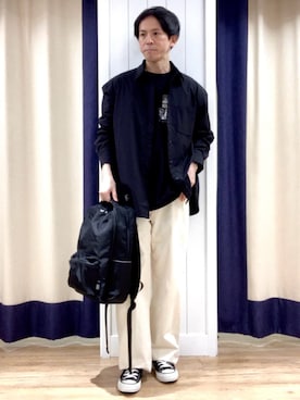 「Dessin（デッサン）の【撥水・洗える】プラドットボタンシャツ（シャツ/ブラウス、ブラック系）」を使った、takaさん（メンズ・168cm）の冬コーディネート