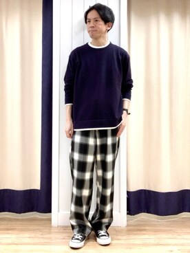 「Dessin（デッサン）の【ユニセックス/洗える】バイカラーニット（ニット/セーター、ブルー系）」を使った、takaさん（メンズ・168cm）の秋コーディネート
