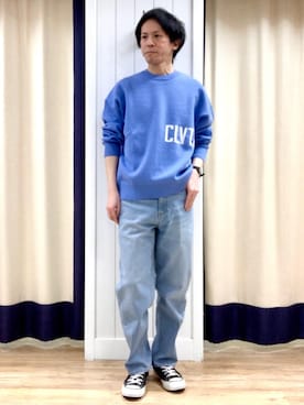 「Dessin（デッサン）の【ユニセックス/洗える】ロゴコットンジャカード（ニット/セーター、ブルー系）」を使った、takaさん（メンズ・168cm）の冬コーディネート