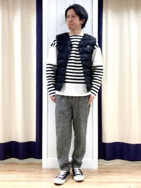 「Dessin（デッサン）の【洗える】ピグメントボーダー天竺（Tシャツ/カットソー、ホワイト系）」を使った、takaさん（メンズ・168cm）の春コーディネート