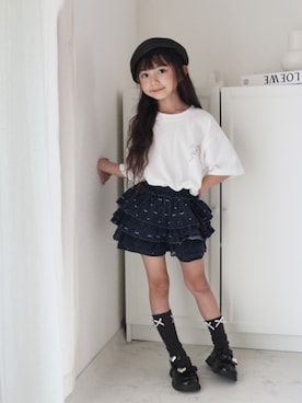 「URBAN CHERRY（アーバンチェリー）の【CHIPIE/シピ】"ときめろT"(綿100%)オーバーサイズリボンプリントTシャツ（Tシャツ/カットソー、ホワイト系）」を使った、RICOWORLDさん（キッズ・120cm）の夏コーディネート