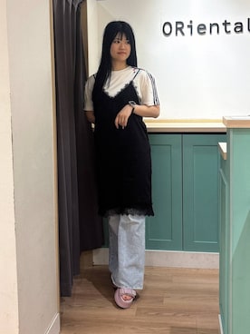 「ORiental TRaffic（オリエンタルトラフィック）のツイード × ビジュー モチーフ 厚底 サンダル /61217（サンダル、ピンク系）」を使った、arisaさん（レディース・158cm）の夏コーディネート