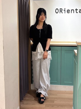 「ORiental TRaffic（オリエンタルトラフィック）のツイード × ビジュー モチーフ 厚底 サンダル /61217（サンダル、ブラック系）」を使った、arisaさん（レディース・158cm）の夏コーディネート