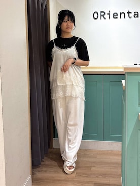 「ORiental TRaffic（オリエンタルトラフィック）のダブル ニット リボン 厚底 サンダル /61212（サンダル、シルバー系）」を使った、arisaさん（レディース・158cm）の夏コーディネート