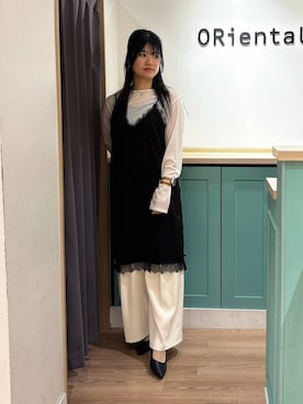 「ORiental TRaffic（オリエンタルトラフィック）の【跳べるパンプス】 7ｃｍ ヒール ポインテッド トゥ /R-3221（パンプス、ブラック系）」を使った、arisaさん（レディース・158cm）の春コーディネート