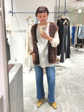 「SHENERY（シーナリー）のカットオフストレートデニムパンツ（デニムパンツ）」を使った、MURATA_157cmさん（レディース・157cm）の秋コーディネート