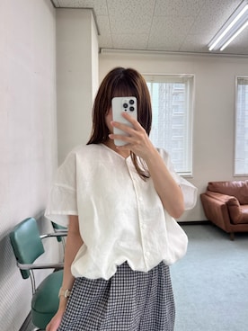 「URBAN RESEARCH DOORS（アーバンリサーチドアーズ）のリネンフレンチスリーブドロストブラウス（シャツ/ブラウス、ホワイト系）」を使った、mikuさん（レディース・153cm）の夏コーディネート