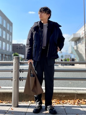 「SENSE OF PLACE by URBAN RESEARCH（センスオブプレイスバイアーバンリサーチ）のフェイクレザーマルシェバッグ（トートバッグ）」を使った、なかやんさん（メンズ・166cm）の秋コーディネート