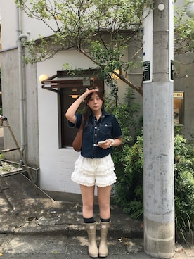 「ROCKFISH WEATHERWEAR（ロックフィッシュウェザーウェア）のORIGINAL MATT SHORT RAINBOOTS（レインシューズ、ブラウン系）」を使った、リノさん（レディース・158cm）の夏コーディネート