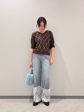 「NATURAL BEAUTY BASIC（ナチュラルビューティーベーシック）のアーガイル半袖ニット（ニット/セーター、ブラウン系）」を使った、miwanbbさん（レディース・162cm）の夏コーディネート