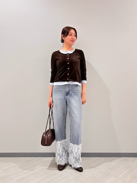 「NATURAL BEAUTY BASIC（ナチュラルビューティーベーシック）のベロアレイヤードカットソー（Tシャツ/カットソー、ブラウン系）」を使った、miwanbbさん（レディース・162cm）の秋コーディネート