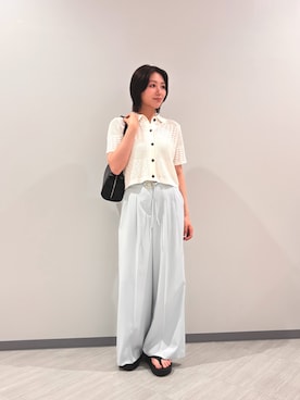「NATURAL BEAUTY BASIC（ナチュラルビューティーベーシック）のポロ襟メッシュカーディガン（カーディガン/ボレロ、ホワイト系）」を使った、miwanbbさん（レディース・162cm）の夏コーディネート