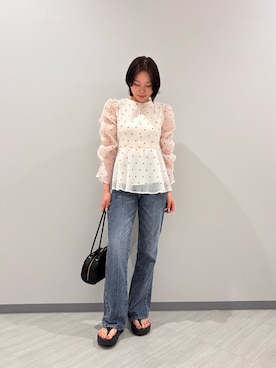 「NATURAL BEAUTY BASIC（ナチュラルビューティーベーシック）のシアーペプラムブラウス（シャツ/ブラウス、ホワイト系）」を使った、miwanbbさん（レディース・162cm）の夏コーディネート