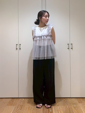 「NATURAL BEAUTY BASIC（ナチュラルビューティーベーシック）のダブルベルトワイドパンツ（その他パンツ、ブラック系）」を使った、rinaさん（レディース・155cm）の夏コーディネート
