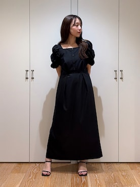 「NATURAL BEAUTY BASIC（ナチュラルビューティーベーシック）のパフィースリーブナローワンピース（ワンピース、ブラック系）」を使った、rinaさん（レディース・155cm）の夏コーディネート