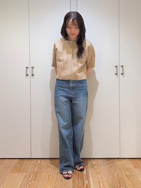 「NATURAL BEAUTY BASIC（ナチュラルビューティーベーシック）のワイドストレートデニムパンツ（デニムパンツ、ブルー系）」を使った、rinaさん（レディース・155cm）の夏コーディネート