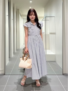 「NATURAL BEAUTY BASIC（ナチュラルビューティーベーシック）の【山本里菜さんコラボ】リボンラッフルシャツワンピース（ワンピース、ホワイト系）」を使った、maruさん（レディース・158cm）の夏コーディネート
