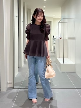 「NATURAL BEAUTY BASIC（ナチュラルビューティーベーシック）の【追加生産予約】シアーペプラムブラウス半袖（シャツ/ブラウス、ブラウン系）」を使った、maruさん（レディース・158cm）の夏コーディネート