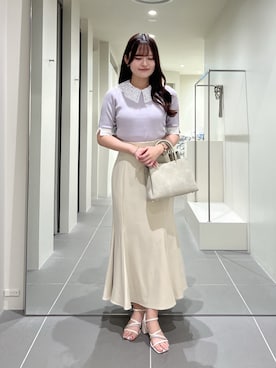 「NATURAL BEAUTY BASIC（ナチュラルビューティーベーシック）のレースカラーニット（ニット/セーター、グレー系）」を使った、maruさん（レディース・158cm）の夏コーディネート