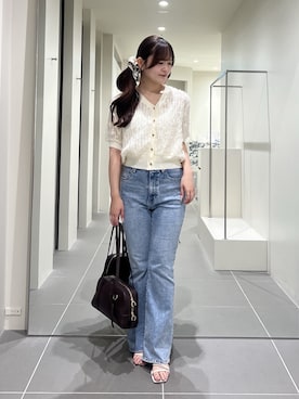 「NATURAL BEAUTY BASIC（ナチュラルビューティーベーシック）のチュール刺繍シアーカーディガン（カーディガン/ボレロ、ホワイト系）」を使った、maruさん（レディース・158cm）の夏コーディネート