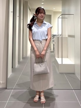 「NATURAL BEAUTY BASIC（ナチュラルビューティーベーシック）のスキッパータイブラウス（シャツ/ブラウス、ブルー系）」を使った、maruさん（レディース・158cm）の夏コーディネート