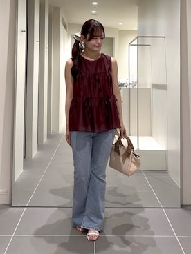 「NATURAL BEAUTY BASIC（ナチュラルビューティーベーシック）のリボンティアードチュニック（シャツ/ブラウス、レッド系）」を使った、maruさん（レディース・158cm）の夏コーディネート