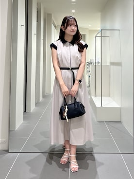 「NATURAL BEAUTY BASIC（ナチュラルビューティーベーシック）のリネンライクバイカラーワンピース（ワンピース、ベージュ系）」を使った、maruさん（レディース・158cm）の夏コーディネート