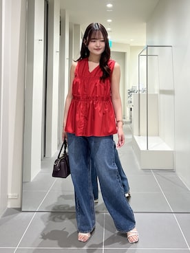 「NATURAL BEAUTY BASIC（ナチュラルビューティーベーシック）のVネックティアードブラウス（シャツ/ブラウス、レッド系）」を使った、maruさん（レディース・158cm）の夏コーディネート