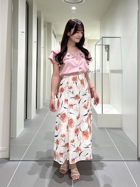 「NATURAL BEAUTY BASIC（ナチュラルビューティーベーシック）のスクエアネックフリルブラウス（シャツ/ブラウス、ピンク系）」を使った、maruさん（レディース・158cm）の夏コーディネート