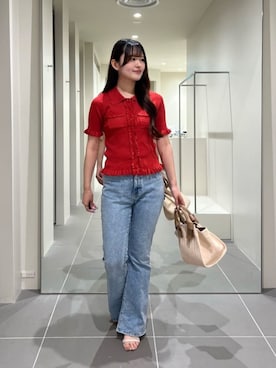 「NATURAL BEAUTY BASIC（ナチュラルビューティーベーシック）のフリルリブポケットカーディガン（カーディガン/ボレロ、レッド系）」を使った、maruさん（レディース・158cm）の夏コーディネート
