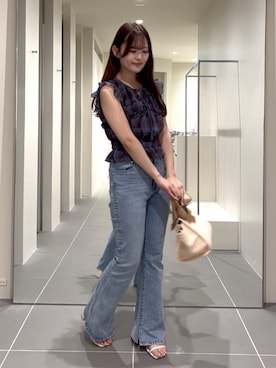 「NATURAL BEAUTY BASIC（ナチュラルビューティーベーシック）のフリルシャーリングペプラムブラウス（シャツ/ブラウス、ブラウン系）」を使った、maruさん（レディース・158cm）の夏コーディネート