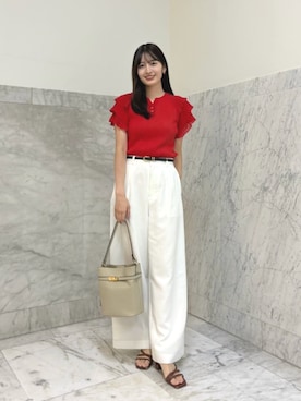 「ANAYI（アナイ）のスラブオックスタックワイドパンツ（その他パンツ、ホワイト系）」を使った、 ANAYI　ショップスタッフさん（レディース・158cm）の夏コーディネート