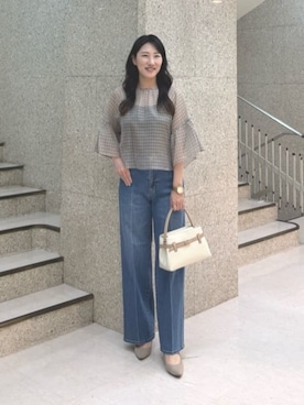 「ANAYI（アナイ）の◇ベルテッドスクエアハンドバッグ（ハンドバッグ、ベージュ系）」を使った、 ANAYI　ショップスタッフさん（レディース・158cm）の夏コーディネート
