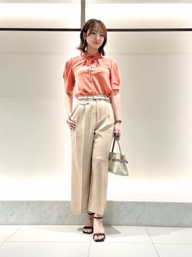 「ANAYI（アナイ）の◇ベルテッドスクエアハンドバッグ（ハンドバッグ、ベージュ系）」を使った、 ANAYI　ショップスタッフさん（レディース・158cm）の夏コーディネート