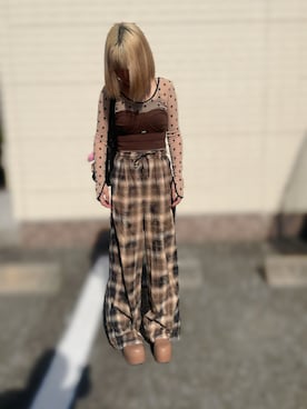 「MAISON SPECIAL（メゾンスペシャル）のBleach Plaid Pattern Easy Pants/ブリーチチェックイージーパンツ【MAISON SPECIAL/メゾンスペシャル】■セットアップ対応■（その他パンツ、ブラック系）」を使った、Nicoさん（レディース・166cm）の夏コーディネート