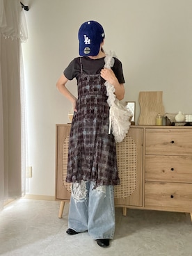 「アイテム（ワンピース/ドレス、ブラウン系）」を使った、エリーさん（レディース・163cm）の夏コーディネート