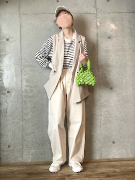 「reca（レカ）のサイドスリットボーダートップス（Tシャツ/カットソー）」を使った、エリーさん（レディース・163cm）の春コーディネート