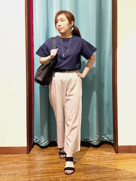 「SHOO・LA・RUE（シューラルー）の【汗じみ防止/ひんやり/S-LL】お袖フレアレースTシャツ（Tシャツ/カットソー、ブルー系）」を使った、tisaさん（レディース・154cm）の夏コーディネート