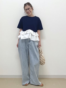 「OPAQUE.CLIP（オペークドットクリップ）の裾フリルドッキングTシャツ【洗濯機OK】（Tシャツ/カットソー、ブルー系）」を使った、Akiさん（レディース・157cm）の夏コーディネート
