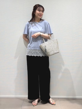 「COUP DE CHANCE（クードシャンス）の【手洗い可／日本製／接触冷感】裾レースカットソー（Tシャツ/カットソー、ブルー系）」を使った、konamiさん（レディース・166cm）の夏コーディネート