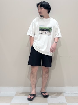 「ITEMS URBANRESEARCH（アイテムズ アーバンリサーチ）の『接触冷感/速乾/イージーケア』WINDY MESH ショートパンツ（その他パンツ、ブルー系）」を使った、ヤマモトさん（メンズ・168cm）の夏コーディネート