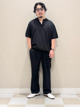 「URBAN RESEARCH DOORS（アーバンリサーチドアーズ）の『洗濯可/UVカット』『URTECH』Aircare ショートスリーブニットポロ（ニット/セーター、ブラック系）」を使った、ヤマモトさん（メンズ・168cm）の夏コーディネート