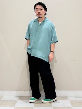 「SENSE OF PLACE by URBAN RESEARCH（センスオブプレイスバイアーバンリサーチ）のシアーヨウリュウオープンカラーシャツ（シャツ/ブラウス、グリーン系）」を使った、ヤマモトさん（メンズ・168cm）の夏コーディネート