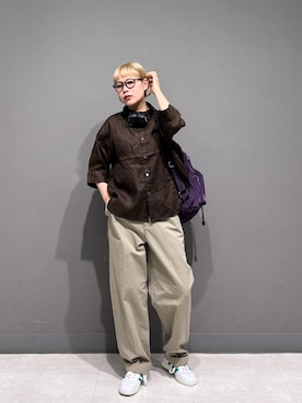 「URBAN RESEARCH DOORS（アーバンリサーチドアーズ）のFORK&SPOON　フレンチリネンショートスリーブシャツ（シャツ/ブラウス、ブラウン系）」を使った、louisさん（レディース・153cm）の春コーディネート
