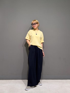 「EKAL（エカル）の『UR TECH ひやサラクール』ロゴ刺繍 Tシャツ（Tシャツ/カットソー、イエロー系）」を使った、louisさん（レディース・153cm）の夏コーディネート