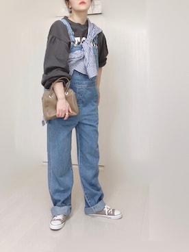 「たすき掛け」｜「アイテム（サロペット/オーバーオール）」を使った、Ⓜ︎さん（レディース・152cm）の春コーディネート