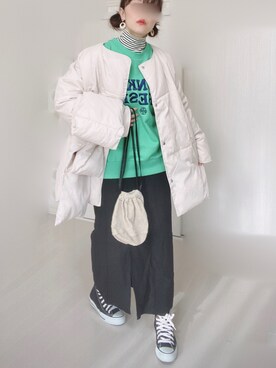 「ノーカラー」｜「アイテム（スウェット）」を使った、Ⓜ︎さん（レディース・152cm）の冬コーディネート