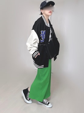 「ナロースカート」｜「アイテム（スタジャン）」を使った、Ⓜ︎さん（レディース・152cm）の冬コーディネート